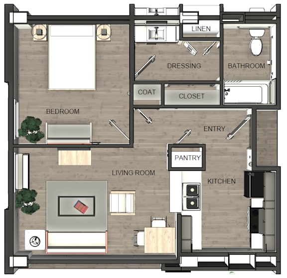 A floor plan of a house with a living room, kitchen, pantry, and bathroom.