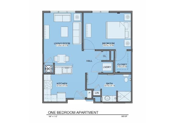 A floor plan of a one bedroom apartment.