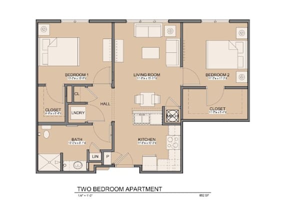 A floor plan of a two bedroom apartment.