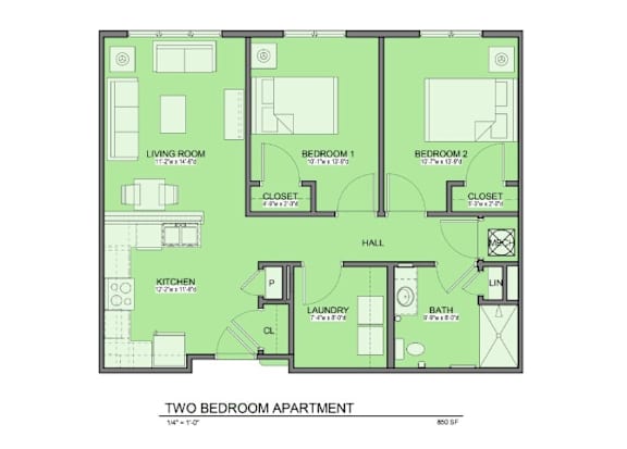 A floor plan of a two bedroom apartment with a kitchen, laundry area, and bathroom.