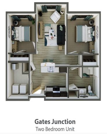 A diagram of a two bedroom apartment layout.