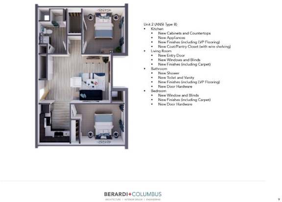 A floor plan and list of contents for a Berardi+Columbus interior design.