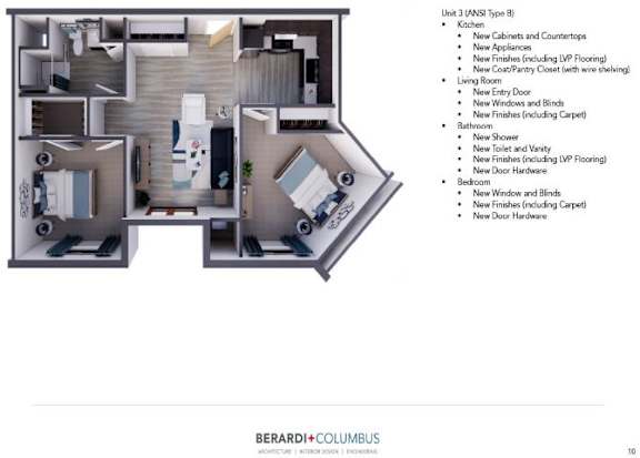 A page from a book showing a diagram of a 3 bedroom apartment and a list of items including new appliances and windows.