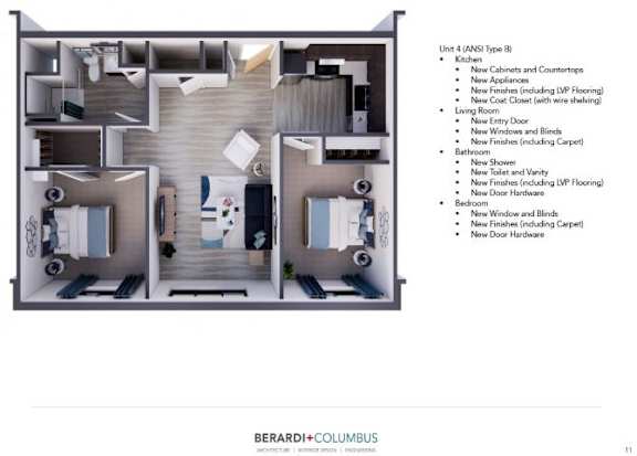 A slide from Berardi+Columbus showing a floor plan of a house with a list of items to be replaced or installed.