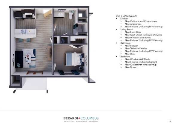 A Berardi+Columbus floor plan for a modular home with a kitchen, living room, and bedroom.