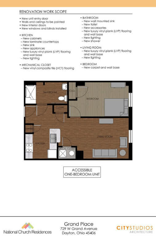 A floor plan for a one-bedroom unit at Grand Placer.