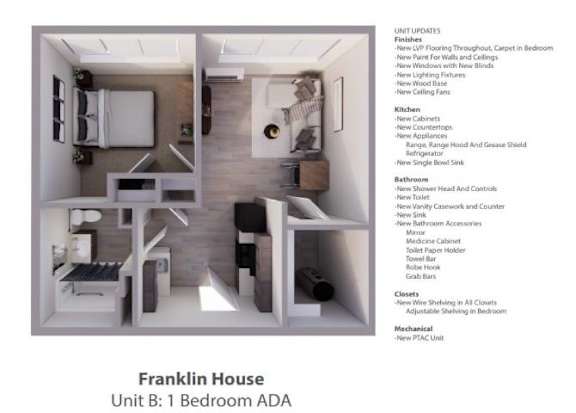 A picture of a bedroom with a list of updates for a unit.