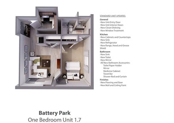 A diagram of a one bedroom apartment with a list of standard unit updates.