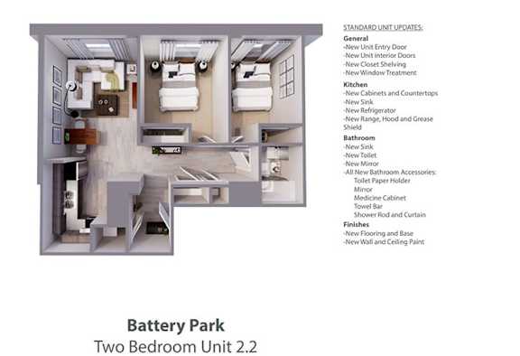 A diagram of a two bedroom apartment with a list of standard unit updates.