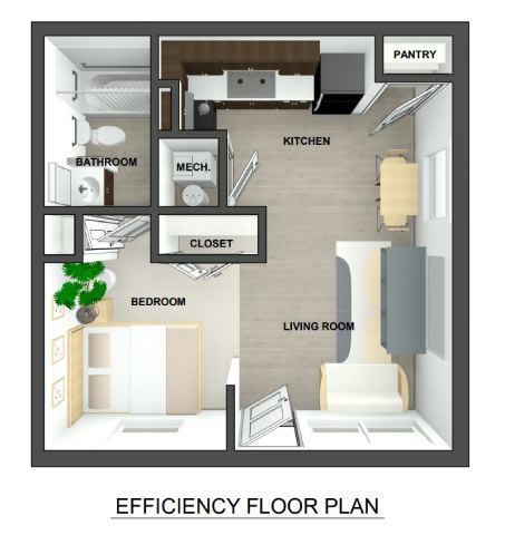 A floor plan of an efficiency apartment with a pantry, kitchen, living room, bedroom, bathroom, and closet.