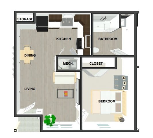 A floor plan of a house with a kitchen, dining room, living room, bedroom, bathroom, and closet.