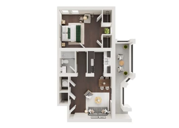 A 3D floor plan of a small apartment with a kitchen, living room, and bathroom.