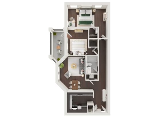 A floor plan of a small apartment with a kitchen, living room, and bathroom.