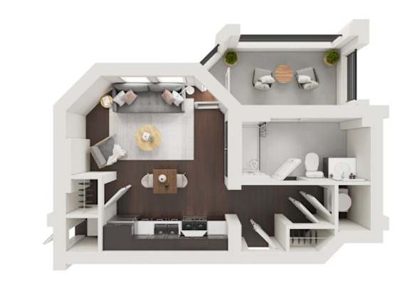A top-down view of a modern kitchen with a central island and a dining area.