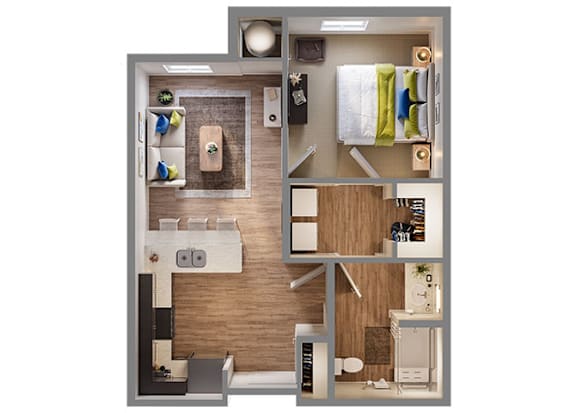 A floor plan of a small apartment with a kitchen, living room, and bathroom.