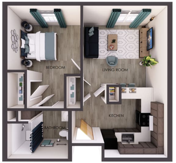A diagram shows a layout of a bedroom, living room, kitchen, and bathroom.
