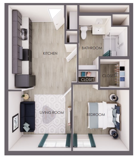 A diagram of a small apartment with a kitchen, bathroom, living room, bedroom, and closet.