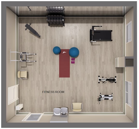 A fitness room with a red mat, a blue ball, and a black television.