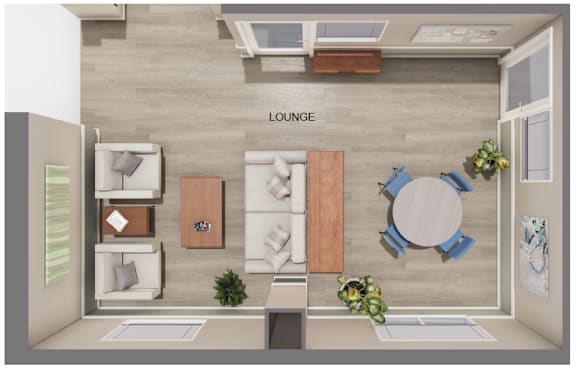 A lounge area with a couch, chairs, and a table.