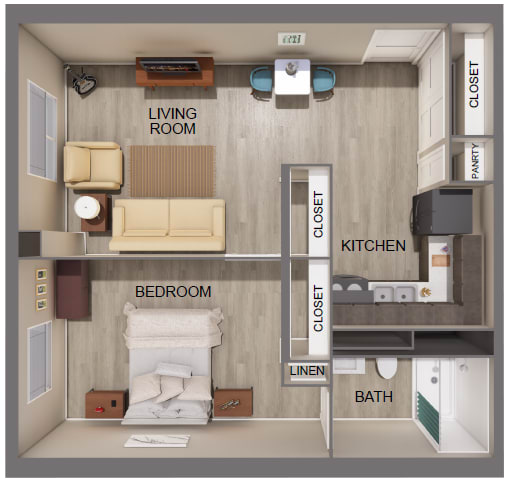 A diagram of a small apartment with a bedroom, living room, kitchen, and bathroom.