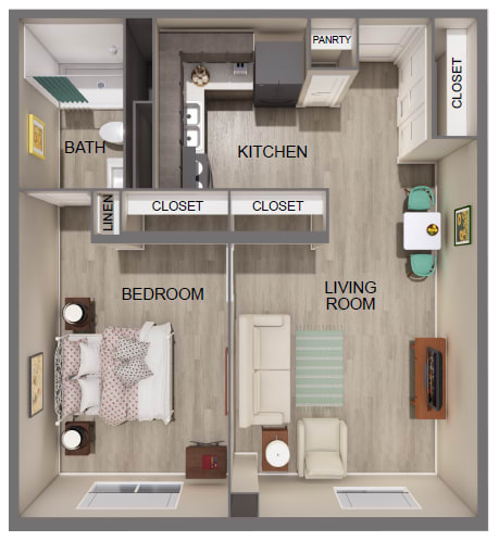 A diagram of a small apartment with a bedroom, living room, kitchen, and bathroom.
