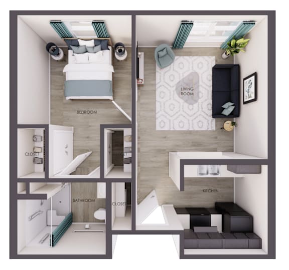 A diagram of a small apartment with a bedroom, living room, kitchen, and bathroom.