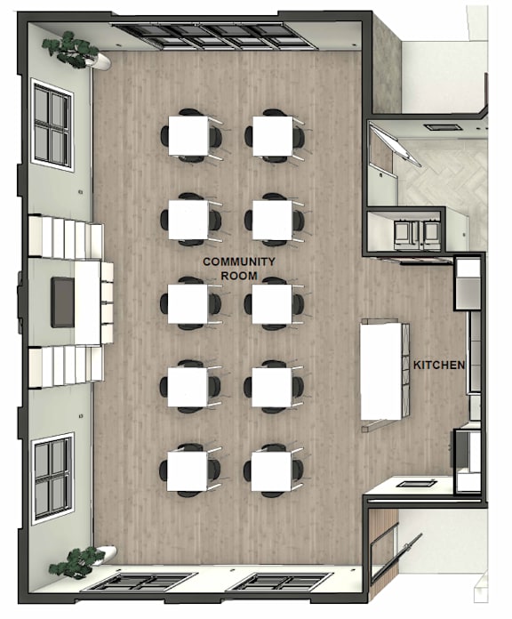 A drawing of a building with a community room and kitchen.