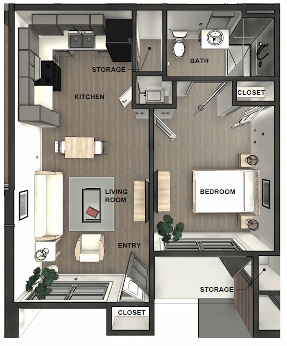 A drawing of a house with a living room, kitchen, and bathroom.