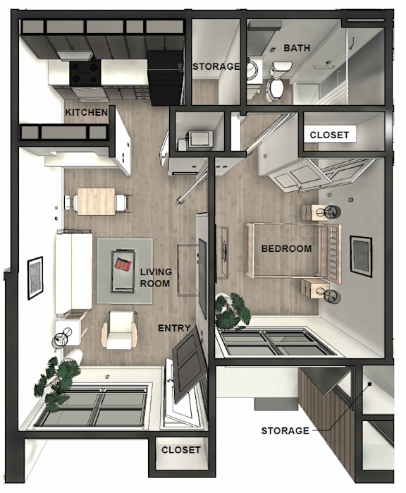 A black and white floor plan of a small apartment.
