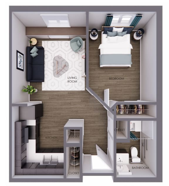 A diagram of a small apartment with a living room, bedroom, kitchen, bathroom, and closet.