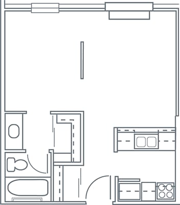 A floor plan of a house with a kitchen, living room, and two bedrooms.