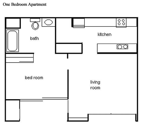 A floor plan of a one bedroom apartment with a bedroom, living room, and kitchen.