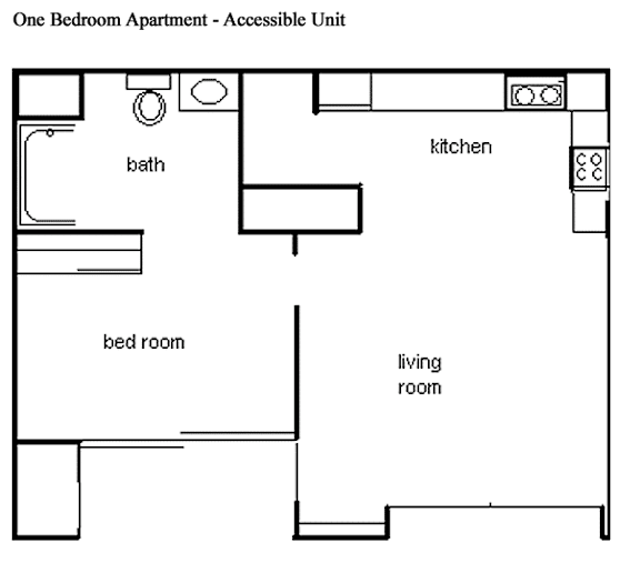 A floor plan of a one bedroom apartment with an accessible unit.
