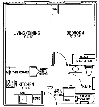 A floor plan of a small apartment with a living/dining area, kitchen, bedroom, and bathroom.