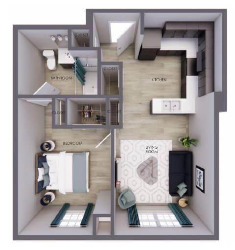 A diagram of a small apartment with a bedroom, bathroom, kitchen, and living room.