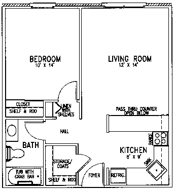 A floor plan of a small apartment with a bedroom, living room, kitchen, and bathroom.