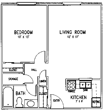 A floor plan of a small apartment with a bedroom, living room, kitchen, and bathroom.
