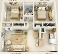 A dollhouse with four rooms, each containing furniture and decorations.