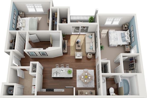 Floor Plan  3D floor plan with two bedrooms and open living area at Colony at Centerpointe Apartments, Midlothian, 23114