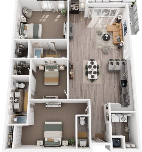 A top-down view of a small apartment with a kitchen, living room, and bedroom.