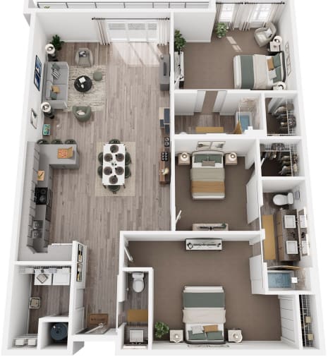 A top-down view of a small apartment with a kitchen, living room, and bedroom.
