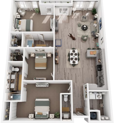 A top-down view of a small apartment with a kitchen, living room, and bedroom.