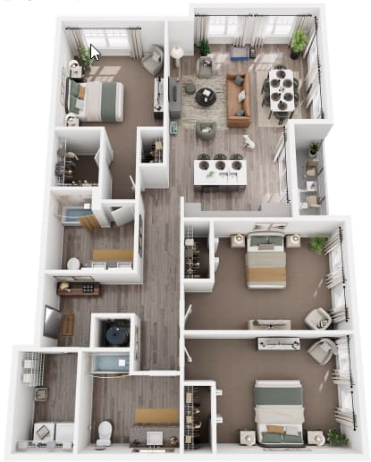 A top-down view of a small apartment layout with a kitchen, living room, and bedroom.