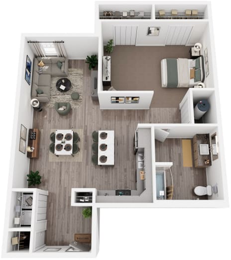 A top-down view of a small apartment with a living room, kitchen, and bathroom.