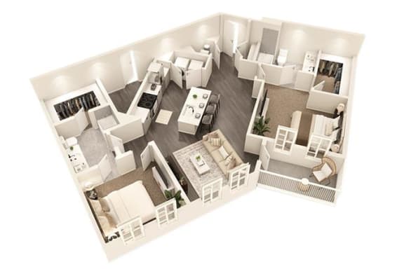 an overhead view of a floor plan with bedrooms and a living room at The Flats at Southlawn Apartments, Lawrenceville, GA 30046
