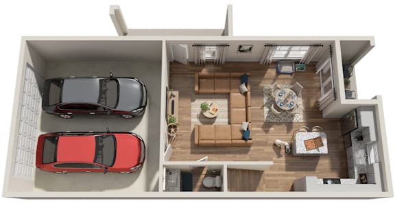 A red car is parked in a garage attached to a house.