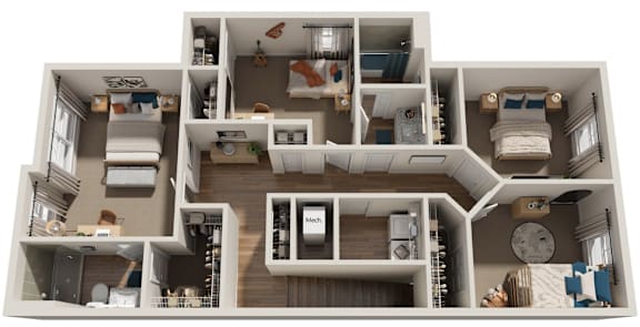 A detailed 3D floor plan of a two-bedroom apartment.