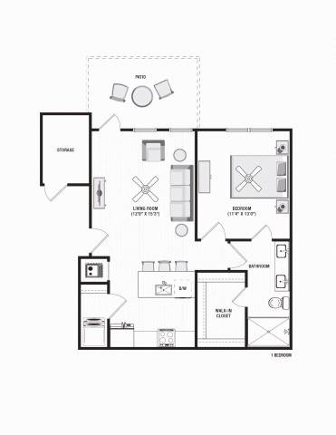 1 bed 1 bath floor plan with 750 Sq. Ft. at Residences at 393 North Apartments, Santa Rosa Beach