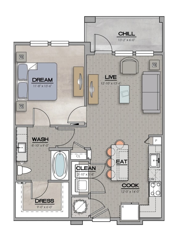 1 Bed 1 Bath Floor Plan | 756 Sq. Ft. at The Louis Apartment Flats, Louisville, Kentucky