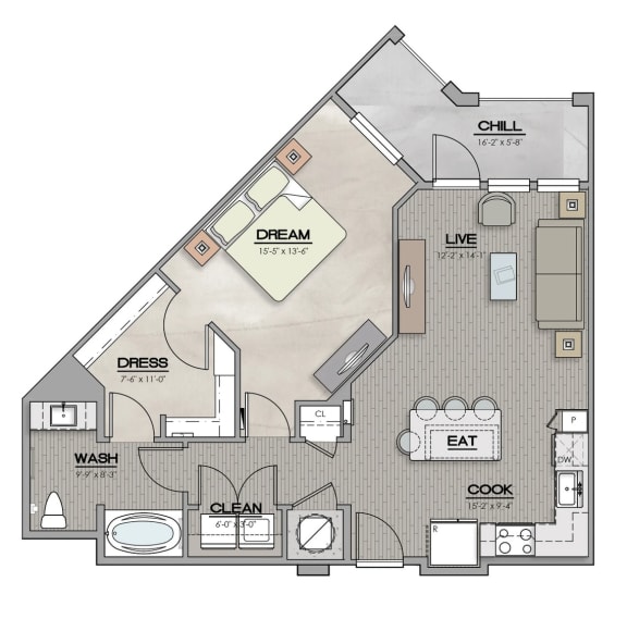 1 Bed 1 Bath Floor Plan | 833 Sq. Ft. at The Louis Apartment Flats, Kentucky, 40241